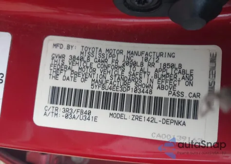 2013 Toyota Corolla Le from USA, damaged, VIN 5YFBU4EE3DP103448